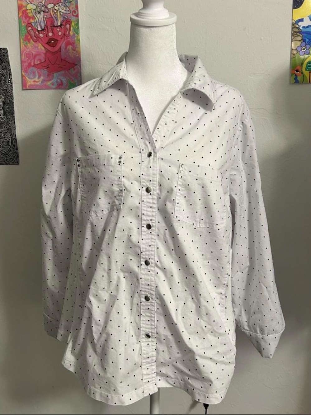 Cathy Daniels White Button-Down Shirt with Black Polka Dots